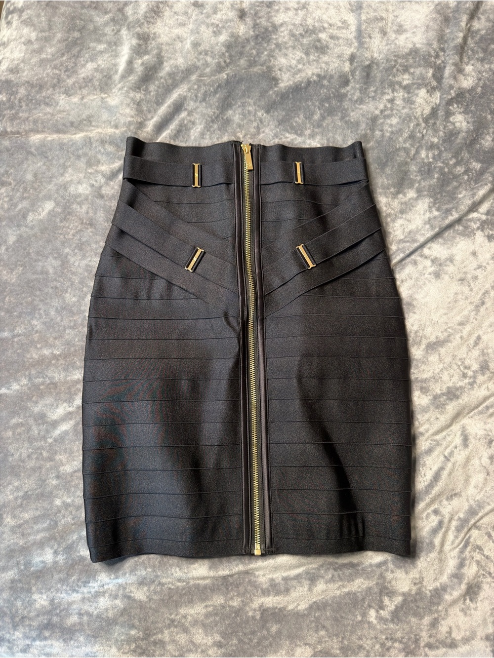 Honey Birdette Black Bandage Pencil Skirt with Center Gold Zip